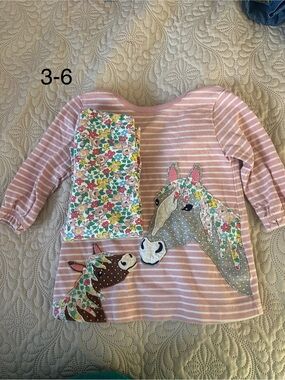 Girls Pink Striped Horse Appliqué Top with Floral Leggings Set Boden